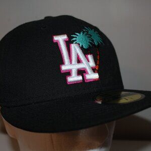 New Era 59 Fifty Black Fitted Hat Los Angeles Dodgers Pink Palm Tree Size 7 1/4